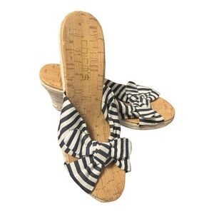 Chico’s Preppy Nautical Navy & Ivory Striped Bow Wedge Sandals NWOT Size…